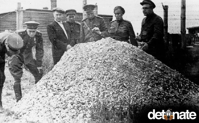 Binh sĩ Liên Xô lặng người khi trước đống tro người trong trại tập trung Majdanek của Đức Quốc xã ở Ba Lan năm 1944. Hàng triệu người bị phát xít Đức giết hại trong các trại tập trung và thiêu hủy thi thể hồi Thế chiến 2.