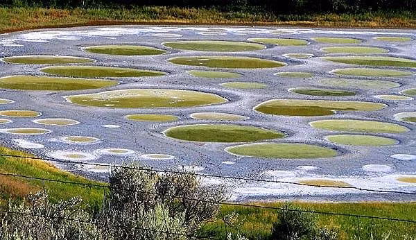 Vào mùa hè, hầu hết nước trong hồ Chấm Bi bốc hơi hết, để lại trên bề mặt các loại khoáng chất. Những khoáng chất này tạo thành những chấm bi lớn. Tùy theo lượng khoáng chất và sự kết hợp của các chất hóa học với nhau mà những chấm bi sẽ đổi màu tạo nên cảnh quan ngoạn mục.