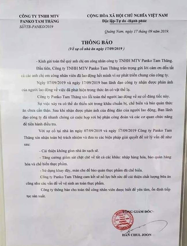 Vụ suất ăn trưa có giòi: Giám đốc công ty Panko xin lỗi công nhân Vu suat an trua co gioi: Giam doc cong ty Panko xin loi cong nhan