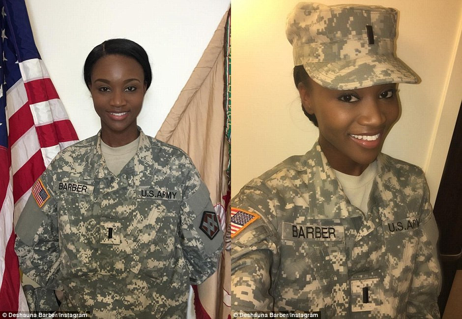 Sinh ngày 6/12/1989 tại Columbus, Georgia, Deshauna đã trở thành nữ quân nhân đầu tiên giành được danh hiệu Hoa hậu Mỹ. Cô phục vụ trong Lực lượng Dự bị Quân đội Mỹ với cấp bậc đại úy, đồng thời là một chỉ huy hậu cần. (Ảnh: Instagram/ Barber).