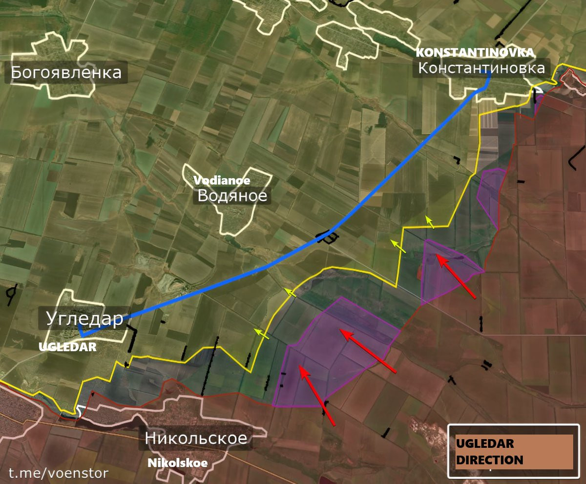 Trước đó, vào tháng 8, Quân đội Nga đã cắt đứt tuyến đường Ugledar – Konstantinovka, đồng thời kiểm soát thành công khu vực Vodyanoye. Theo một số nguồn tin, các trận chiến hiện đã lan đến tận Konstantinovka, và tình hình của lực lượng Ukraine ở khu vực Ugledar đang nhanh chóng xấu đi. Ảnh: Hướng tấn công của Quân đội Nga.