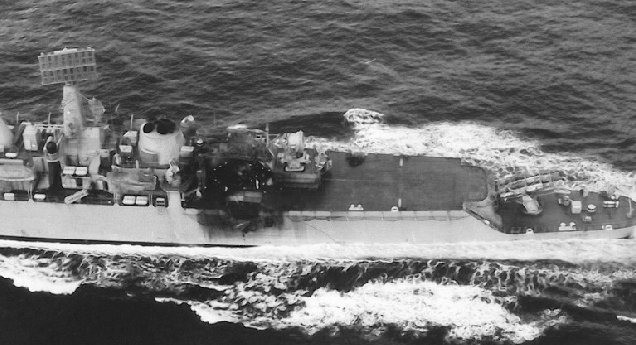 Thân tên lửa vẫn di chuyển về phía trước, xuyên qua cửa nhà chứa máy bay, đúng lúc chiếc trực thăng Wessex đang nạp nhiên liệu và vũ khí, khiến nó phát nổ và gây ra một đám cháy nghiêm trọng trong nhà chứa máy bay. 14 người thiệt mạng và nhiều người bị thương. Con tàu hư hại nặng nhưng vẫn sửa chữa được trên biển và không chìm. Đến 1986, chiếc tàu được bán cho Chile.