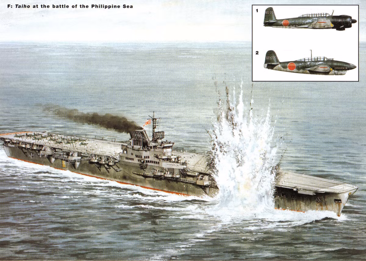 Đó là ngày 19/6/1944, trong trận chiến biển Philippines, sau khi bị trúng một quả ngư lôi từ tàu ngầm USS Albacore, các thủy thủ đã cố gắng sửa lại con tàu. Việc sửa chữa diễn ra tốt đẹp và con tàu vẫn tiếp tục tung ra những chiếc máy bay từ sàn đáp của nó.