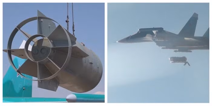 Theo Bulgarian Military, Không quân Nga đã cắt đứt tuyến đường cung cấp cho lực lượng Ukraine tiến vào khu vực Kursk, một phần lãnh thổ của Liên bang Nga. Theo các nguồn tin, một máy bay ném bom Su-34 của Nga đã thả một quả bom trên không FAB-3000 nặng 3 tấn xuống khu vực Sumy (Ukraine), giáp với khu vực Kursk (Nga). Ảnh: Business Insider.