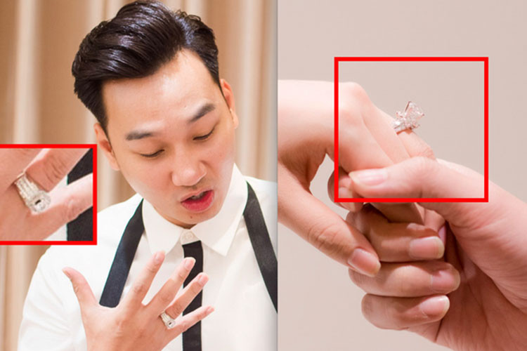 Cặp nhẫn cưới của vợ chồng MC Thành Trung được chế tác rất tinh xảo, sang trọng nhưng không phô trương với chất liệu bạch kim cao cấp. Chiếc nhẫn của MC Thành Trung được đính viên kim cương chính khoảng hơn 6 ly, cùng rất nhiều kim cương tấm xung quanh với kích cỡ trung bình 2,5 - 3 ly. "Bà xã" 9x của nam MC lại đeo trên tay chiếc nhẫn cưới gắn viên kim cương chính lớn hơn nhiều, trọng lượng trên dưới 2 carat (kích thước khoảng hơn 8 ly), 4 - 5 viên kim cương rời nhỏ hơn tạo thành phần "đài", cùng nhiều kim cương tấm phía dưới. Theo giới chuyên gia, cặp nhẫn này có giá không dưới 1 tỷ đồng.