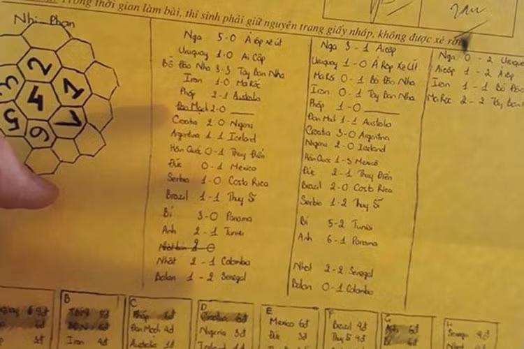 Nhật Minh (sinh năm 2000, tại Lâm Đồng) đã chia sẻ bức ảnh chụp tờ giấy nháp làm bài thi môn Hóa của mình lên MXH và nhận được sự quan tâm của nhiều người. Thay vì dùng giấp nháp để tính toán các công thức hóa học thì sĩ tử này đi tính tỷ số các trận đấu World Cup. "Mình thi khối A1 nên không học Hóa, thành ra câu nào còn nhớ thì làm. Mình đăng kí học Đại học Kinh tế TPHCM chuyên ngành Quản trị sự kiện... nhưng thi xong chắc không đủ điểm chuẩn của trường rồi, thiếu 2 điểm. Bây giờ mình tính tìm trường khác nhưng cũng chuyên ngành đó để theo học, hoặc không thì xét. Với đề Hóa sáng nay, mình chỉ đọc 20 câu đầu thôi", Nhật Minh cho biết.