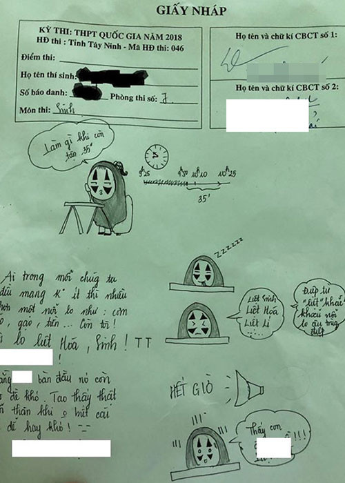 Ở môn Sinh học, cô bạn Yến Nhi chia sẻ: "Mình khối D nên làm Khoa học Tự nhiên rất "sốc", trừ Anh Văn ra mình không làm được môn nào trên 6 điểm. Mình rất sợ bị điểm liệt. Hóa mình chỉ biết chắc 6 câu đúng còn lại mình đánh trắc nghiệm theo cảm tính". Giấy nháp môn Sinh cô nàng này dùng để vẽ và biến nó thành một tác phẩm truyện tranh độc thoại ngắn luôn. Bức ảnh được chia sẻ trên MXH cũng khiến dân mạng tự mình tìm ra câu trả lời cho câu hỏi: Sáng nay, bạn làm bài có tốt không?