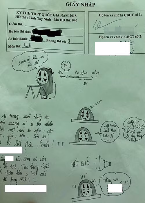 Ở môn Sinh học, cô bạn Yến Nhi chia sẻ: "Mình khối D nên làm Khoa học Tự nhiên rất "sốc", trừ Anh Văn ra mình không làm được môn nào trên 6 điểm. Mình rất sợ bị điểm liệt. Hóa mình chỉ biết chắc 6 câu đúng còn lại mình đánh trắc nghiệm theo cảm tính". Giấy nháp môn Sinh cô nàng này dùng để vẽ và biến nó thành một tác phẩm truyện tranh độc thoại ngắn luôn. Bức ảnh được chia sẻ trên MXH cũng khiến dân mạng tự mình tìm ra câu trả lời cho câu hỏi: Sáng nay, bạn làm bài có tốt không?