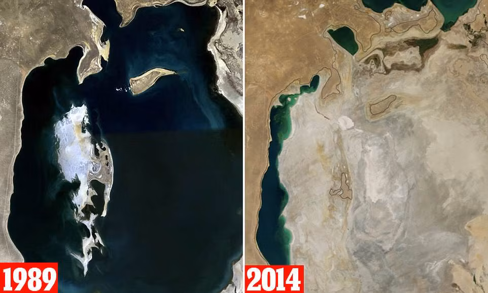 Hình ảnh biển Aral năm 1989 và sau khi bị thu hẹp lại - năm 2014.