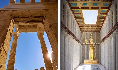 Đền Parthenon ở Athens, Hy Lạp tuyệt tác kiến trúc nổi tiếng thế giới được xây dựng vào thế kỷ 5 trước Công nguyên. Các sử gia tin rằng, sau khi hoàn thành, bên trong ngôi đền có một bức tượng cao 12m làm từ 1.140 kg vàng (phải ảnh). Tuy nhiên, theo thời gian, đền Parthenon bị hư hại khá nhiều, không còn giữ được vẻ đẹp như ban đầu (trái ảnh).