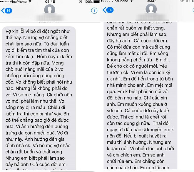 Tin nhắn vợ anh L. thông báo mất con