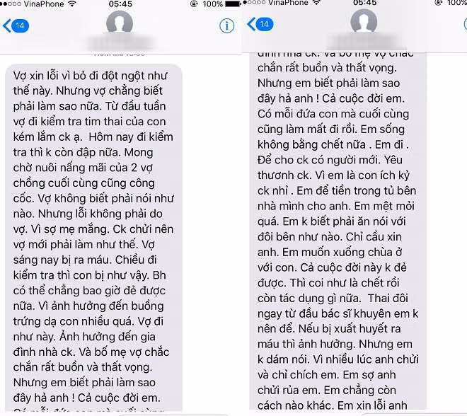 Tin nhắn vợ anh L. thông báo mất con