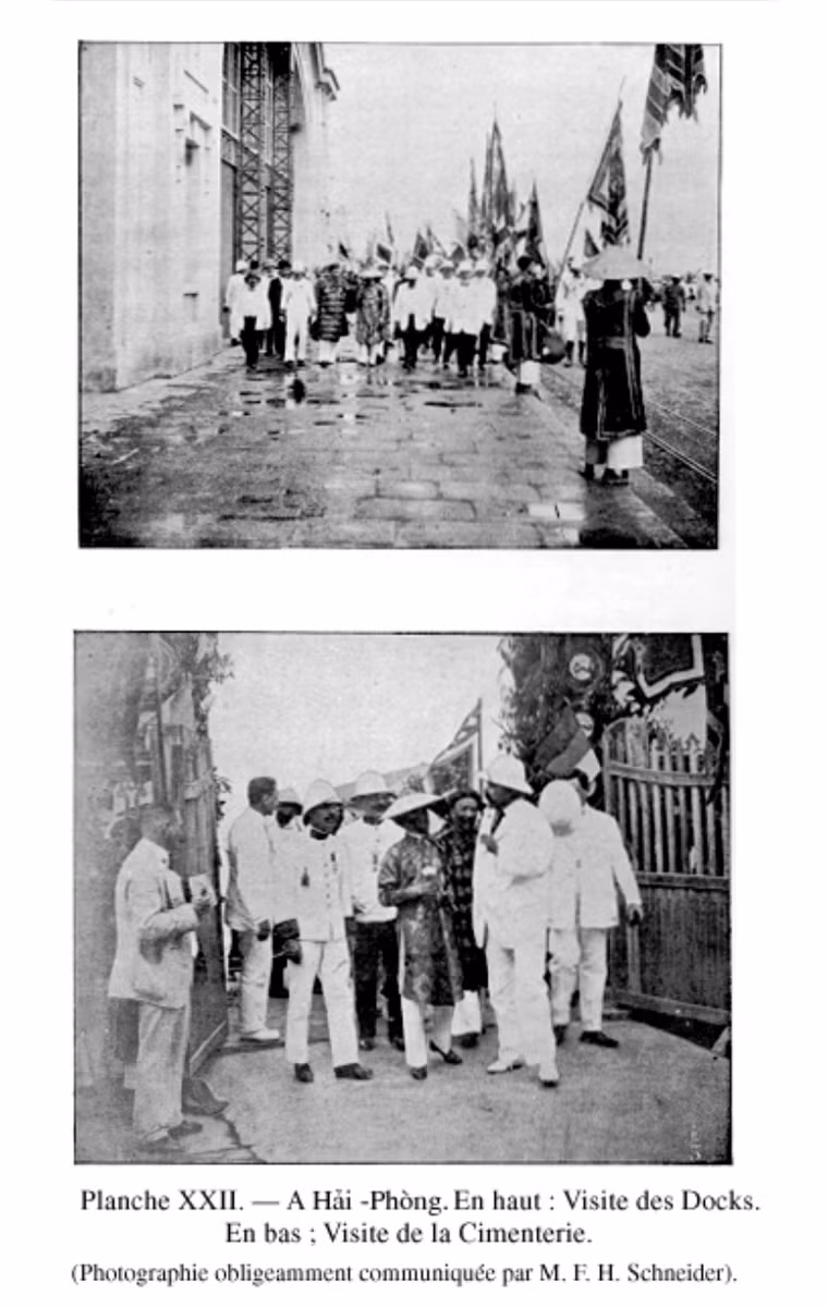 Ảnh trên: Vua Khải Định thăm cảng Hải Phòng. Ảnh dưới: Vua thăm nhà máy xi măng Hải Phòng. Ảnh tư liệu.