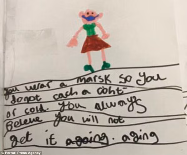 Những dòng chữ nghuệch ngoạc đơn giản nhưng lại nhói lòng người xem. “Mẹ cần một chiếc mặt nạ màu xanh để không bị cảm lạnh”.