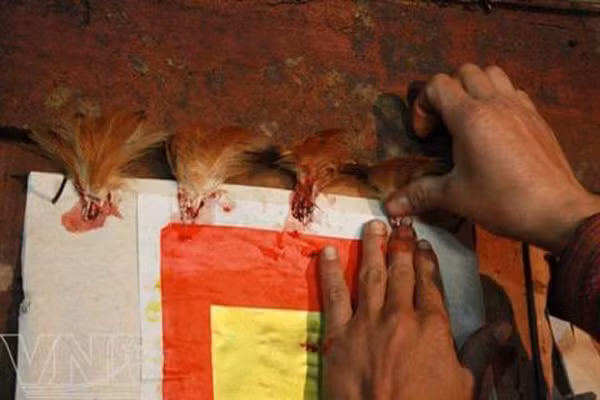 Những bữa cúng sau, gia chủ sẽ cúng thần linh bằng thịt gà hay thịt lợn đã được luộc chín. Trong 3 ngày Tết cổ truyền, mỗi gia đình Mông thường cắt, trổ giấy thành hình đồng tiền cổ như hình tròn đồng tâm, hình quả trám... Các họa tiết này được dán ở cột nhà, cửa ra vào và bàn thờ gia đình cầu mong mọi điều tốt lành. Ảnh:Dantocthieusovn.