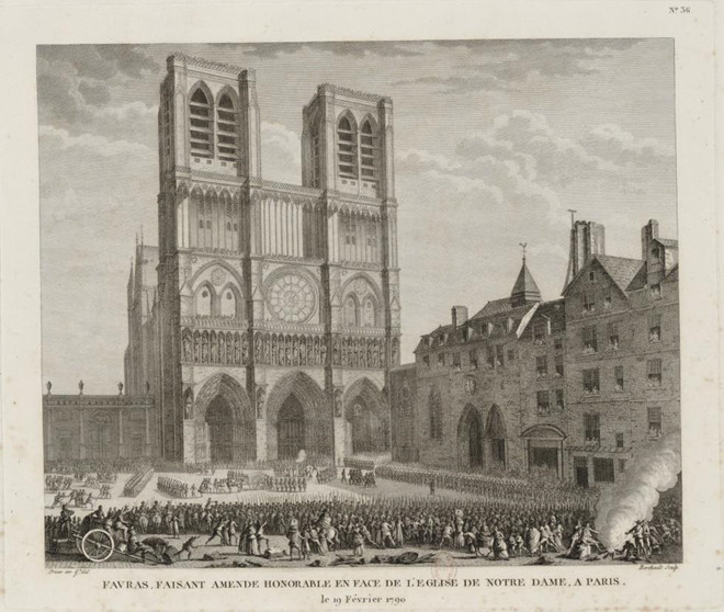 Trong Cách mạng Pháp 1789-1799, hàng trăm nghìn người bị bắt giữ, và hàng chục nghìn người bị xử tử. Nổi bật trong số đó là Thomas de Mahy, hầu tước của dòng họ de Favras, bị xử tử năm 1790 vì đã lên kế hoạch giải cứu Vua Louis XVI và vợ, theo Vintage News và trung tâm ảnh tư liệu Granger Historical Picture Archive. Trong ảnh, ông phải xin lỗi công khai trước Nhà thờ Đức Bà. Ảnh: Bộ sưu tập tạp chí LIFE/Getty Images