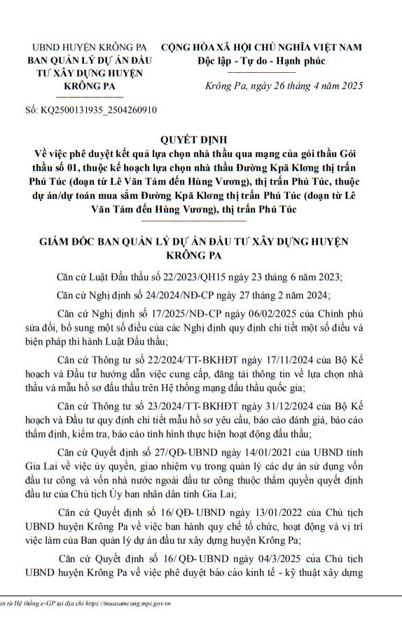 Gia Lai: Duy nhất Cty Thiên Phú tham gia và trúng gói làm đường Kpă Klơng Gia Lai: Duy nhat Cty Thien Phu tham gia va trung goi lam duong Kpa Klong
