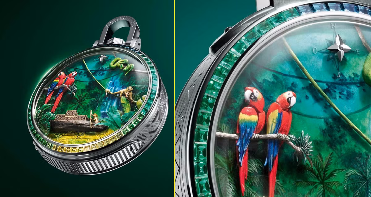 Louis Vuitton vừa giới thiệu 3 sáng tạo mới trong bộ sưu tập đồng hồ cao cấp High Watchmaking, có giá theo yêu cầu. Ấn tượng nhất là Escale en Amazonie, đồng hồ bỏ túi tích hợp tourbillon và điểm chuông phút, với mặt số khảm men mô phỏng khu rừng Amazon. Thiết kế tái hiện 15 chuyển động cơ học khác nhau, sử dụng bộ máy LFT AU14.03 gồm 555 chi tiết và cần tới 1.000 giờ chế tác thủ công.