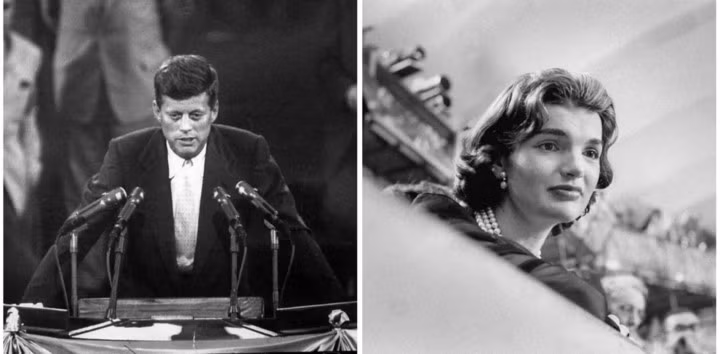 Thượng nghị sĩ John F. Kennedy phát biểu tại Ủy ban quốc gia đảng Dân chủ (NDC) năm 1956 trong khi vợ ông, Jackie chăm chú lắng nghe. Ảnh: Getty.