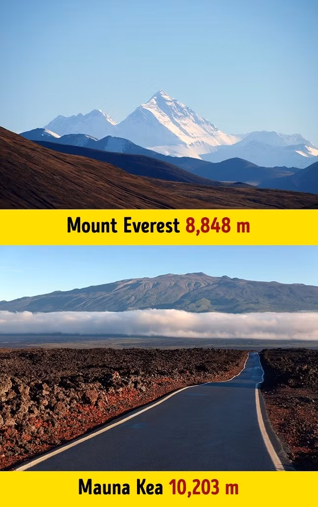Một sự thật thú vị không phải ai cũng biết là núi Everest có độ cao so với mực nước biển lớn nhất nhưng không phải là núi cao nhất thế giới tính từ chân lên đến đỉnh. Trên thực tế, Mauna Kea mới là núi cao nhất thế giới tính từ chân lên đến đỉnh. Cụ thể, đỉnh Everest cao 8.848m so với mực nước biển trong khi đỉnh Mauna Kea cao 4.205 m so với mực nước biển. Tuy nhiên, Mauna Kea có phần chìm dưới Thái Bình Dương lên tới gần 5.995m. Theo đó, độ cao tuyệt đối của Mauna Kea là 10.200m, cao hơn Everest gần 1.350 m.