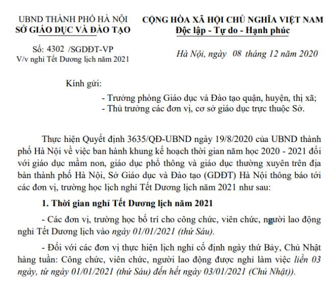 Hoc sinh Ha Noi duoc nghi Tet Duong lich 2021 bao nhieu ngay?