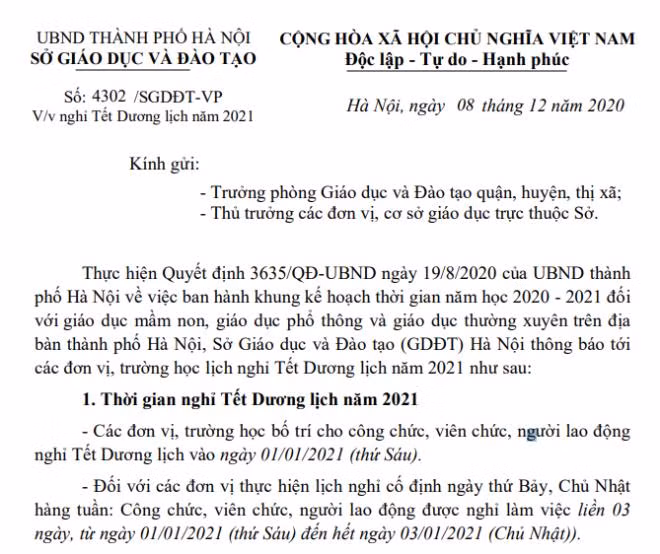 Hoc sinh Ha Noi duoc nghi Tet Duong lich 2021 bao nhieu ngay?