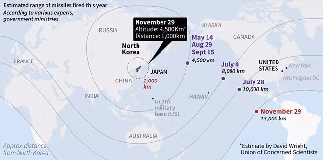 .Tầm bắn của các tên lửa Triều Tiên trong năm 2017. Đồ họa: Union of Concerned Scientists.