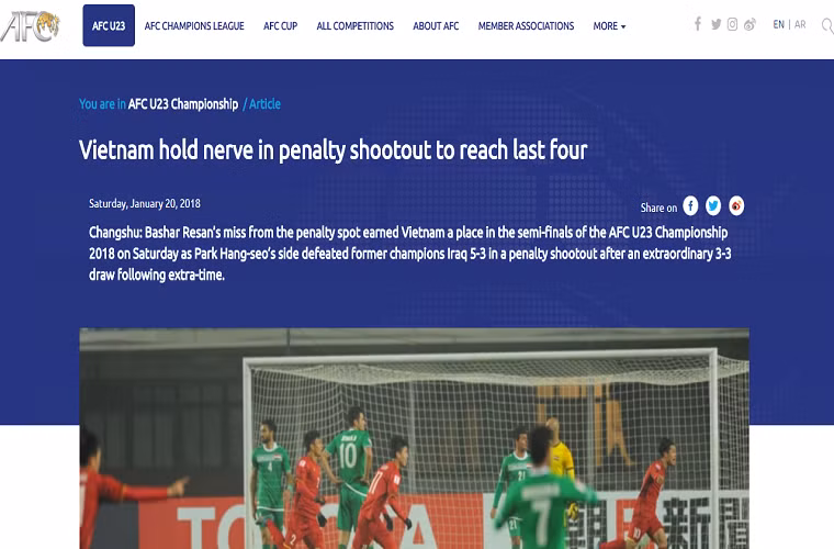 Trang chủ AFC đưa tin U23 Việt Nam thẳng tiến vào bán kết. Ảnh: AFC.