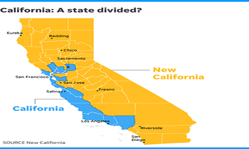 New California muốn hợp nhất phần lớn các quận nông thôn xa xôi (màu vàng) của California, để lại các quận đô thị ven biển (màu xanh) cho bang California hiện tại.