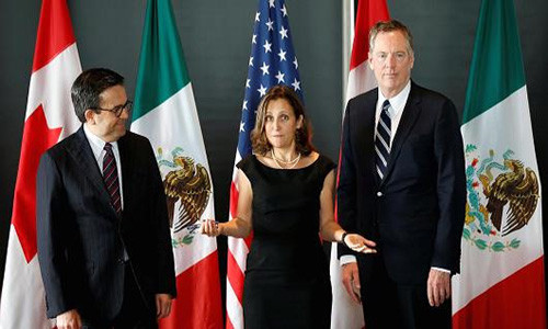 Bộ trưởng Ngoại giao Canada Chrystia Freeland (ở giữa) gặp gỡ Bộ trưởng Kinh tế Mexico Ildefonso Guajardo (trái) và Đại diện Thương mại Mỹ Robert Lighthizer trong vòng đàm phán thứ ba về NAFTA tại Ottawa, Canada tháng 9/2017. Ảnh: Reuters.