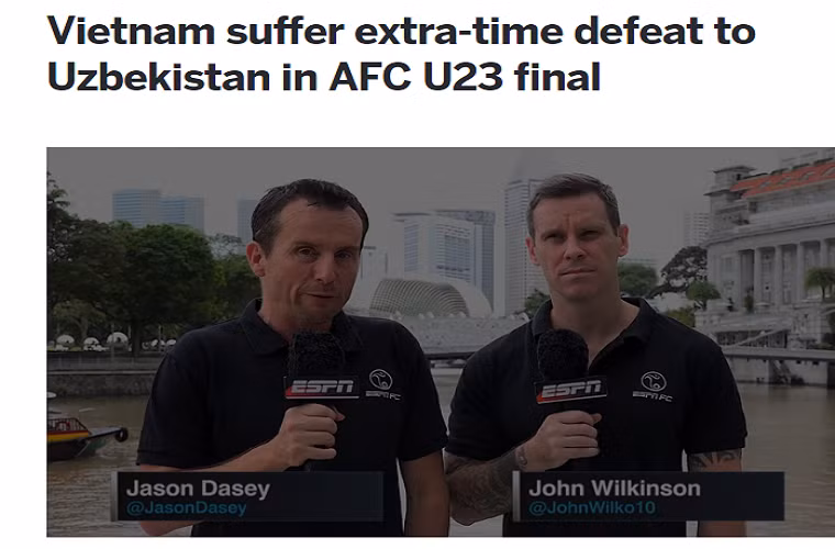 ESPN đưa tin về trận chung kết giữa U23 Việt Nam - Uzbekistan. Ảnh chụp màn hình.