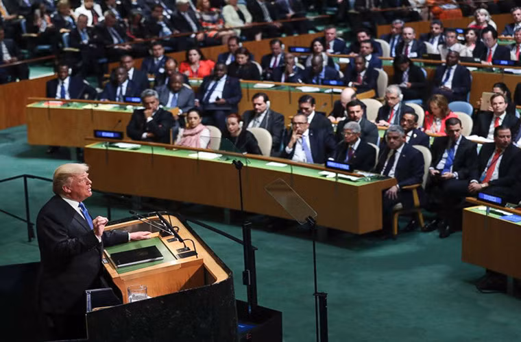 Ngày 19/9/2017, phát biểu tại Đại hội đồng Liên Hợp Quốc, Tổng thống Trump dọa có thể “phá hủy hoàn toàn” Triều Tiên. Ảnh: ABC News.