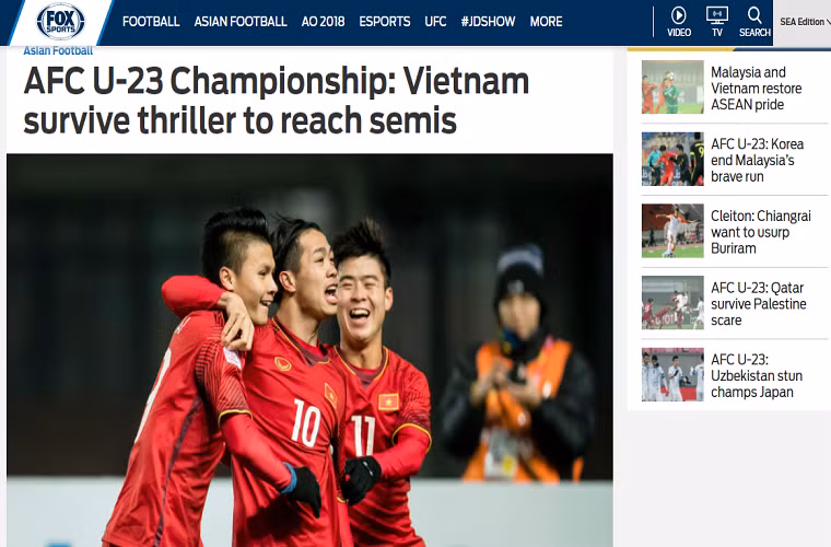 Các cầu thủ U23 Việt Nam xuất hiện trên trang Fox Sports Asia. Ảnh: Fox Sports.