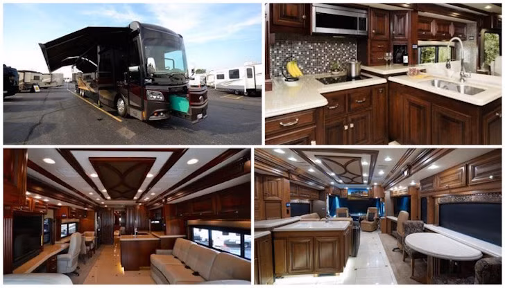 Monaco Dynasty 45P có 585.750 USD thuộc Monaco là một trong những hãng lớn chuyên sản xuất nhà di động sang trọng. Bên trong xe được bố trí hệ thống tủ gỗ xếp, đèn trần LED và TV có thể điều khiển từ bảng trung tâm. Sàn lát gạch sứ, phòng ngủ được lót nệm bọt, bao quanh là tủ gỗ tùng tuyết và tủ tường đựng quần áo.