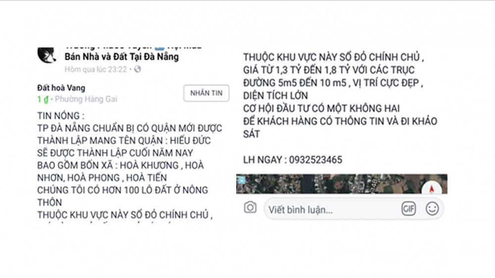 Trang facebook tung tin Đà Nẵng thành lập quận mới để thổi giá đất tại huyện Hòa Vang.