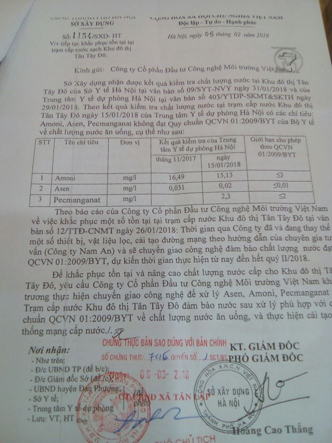 Sở Xây dựng yêu cầu công ty cấp nước xử lý, khắc phục nguồn nước cho cư dân Tân Tây Đô.