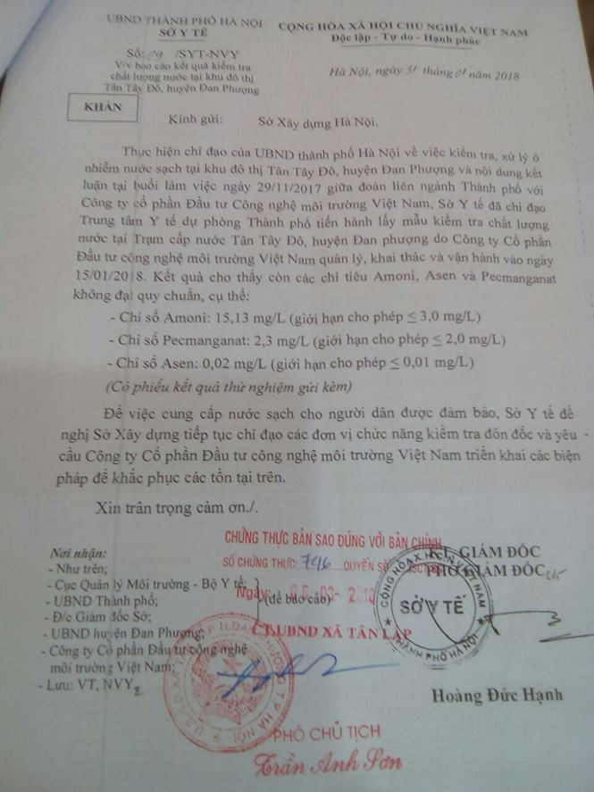 Kết quả kiểm tra nước sạch tại khu đô thị Tân Tây Đô từ Sở Y tế.