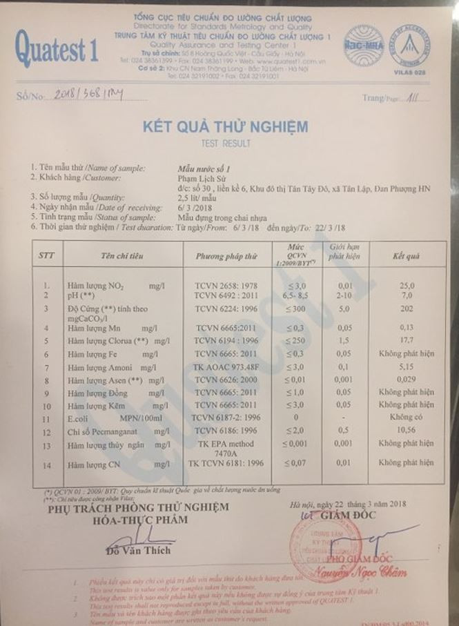 Kết quả thử nghiệm nước cho thấy hàm lượng asen cao gấp 3 lần, hàm lượng amoni cao gần gấp đôi cho phép.