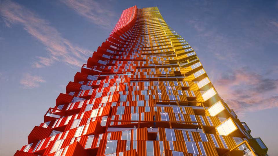 "Containerscraper" Được thiết kế bởi hãng kiến trúc CRG, công trình làm từ container chở hàng này cung cấp chỗ ở cho khoảng 5.000 người sống tại một khu ổ chuột ở Mumbai, Ấn Độ.