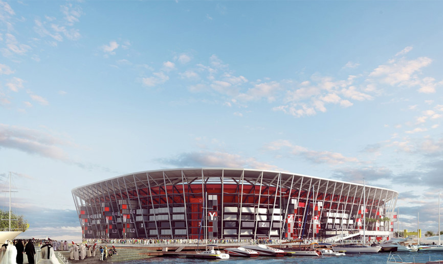 "Ras Abu Aboud" (2022) Hãng kiến trúc Fenwick Iribarren Architects của Tây Ban Nha đang lên kế hoạch xây dựng một sân vận động chuẩn bị cho World Cup 2020 với quy mô 1.000 container.