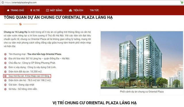 Dự án Chung cư Oriental Plaza có địa chỉ tại số 16 Láng Hạ, quận Ba Đình, Hà Nội.