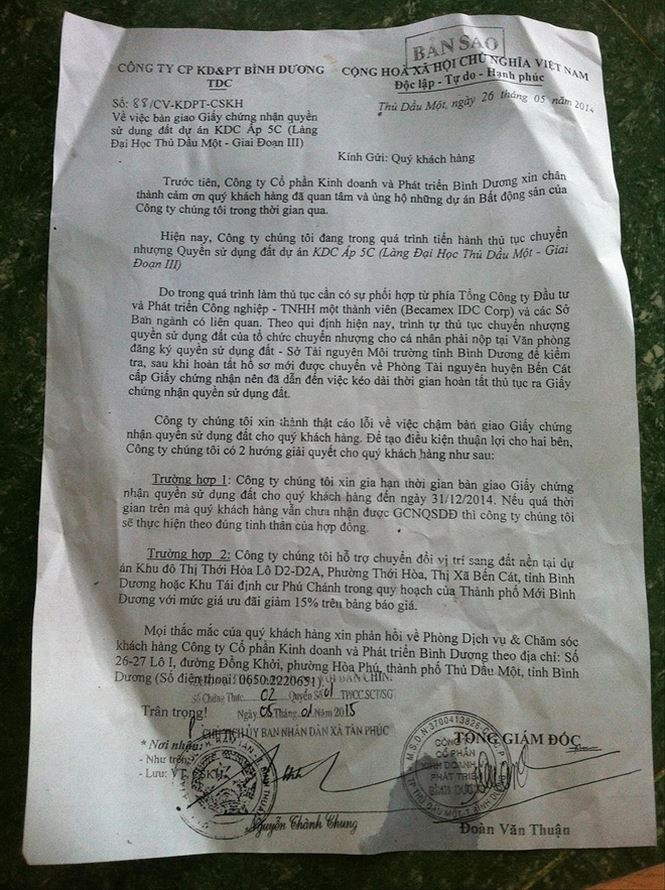 TDC gửi thư xin gia hạn cấp sổ đỏ.