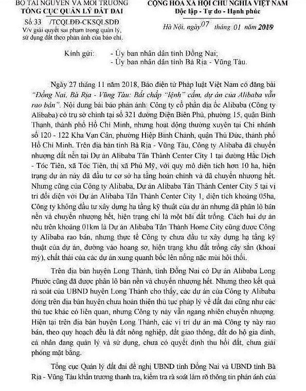 Tong cuc dat dai vao cuoc vu cong ty Alibaba ban...