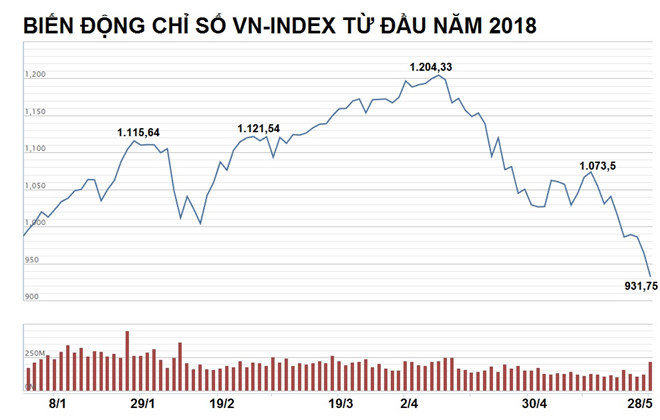 VN-Index đã mất hơn 22% giá trị từ đỉnh tháng 4 đến nay. Nguồn: VNDirect.