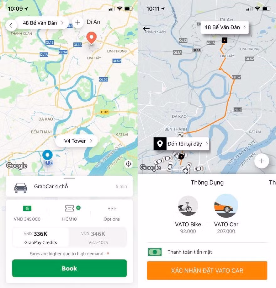 Cùng một đoạn đường và thời điểm, nhiều khách hàng "tố" giá Grab rất cao so với ứng dụng Vato của Phương Trang. Ảnh: NVCC.