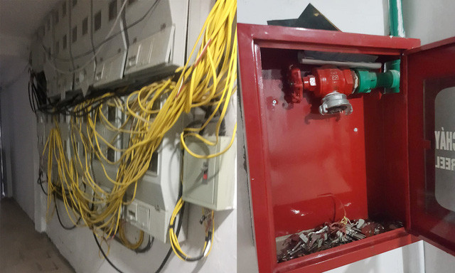 Hình ảnh hộp đấu nối điện và hộp kỹ thuật PCCC đang “ngổn ngang”. Ảnh: B.Loan.