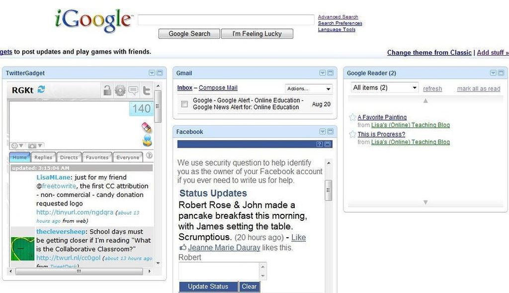 iGoogle, trang chủ cá nhân hóa giúp người dùng điều chỉnh trang chủ bằng nhiều tiện ích con, được tạo ra vào năm 2005 và đóng cửa vào năm 2013. Google cho biết, iGoogle không cần thiết nữa vì các ứng dụng hiện tại có thể chạy trên Chrome và Android.