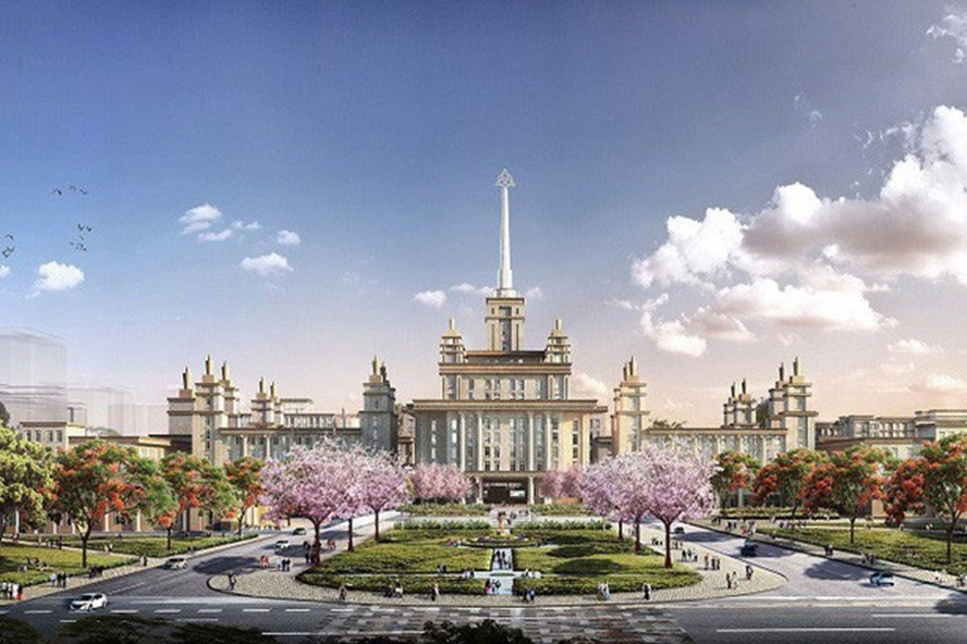 Phối cảnh thiết kế mặt trước khuôn viên Đại học VinUni tại Hà Nội.