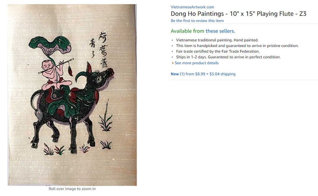 Một sản phẩm Việt có thể khiến nhiều người bất ngờ khi bắt gặp trên Amazon Mỹ là những bức tranh dân gian Đông Hồ, phổ biến ở mức giá 8,99 USD, tương đương khoảng 200.000 đồng một bức.