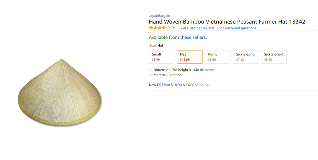 Nón lá cũng là một sản phẩm Việt được bày bán phổ biến trên Amazon với nhiều kích cỡ. Cỡ lớn nhất có giá 18,99 USD, khoảng 430.000 đồng.
